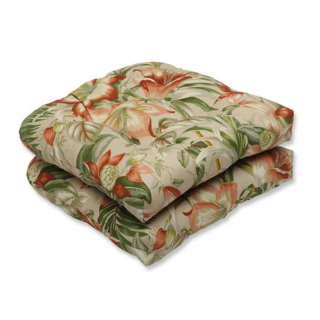 Set of 2 Green, Tan and Coral Tropical Garden Decorative Outdoor Patio Wicker Chair Seat Cushions 19