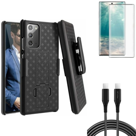 Screen Protector & Case Belt Clip & 6ft Long USB-C Cable for Samsung Galaxy Note 20 (6.7") - Combo with Tempered Glass (Fingerprint Unlock) & Holster Swivel & PD Fast Charger Cord Power