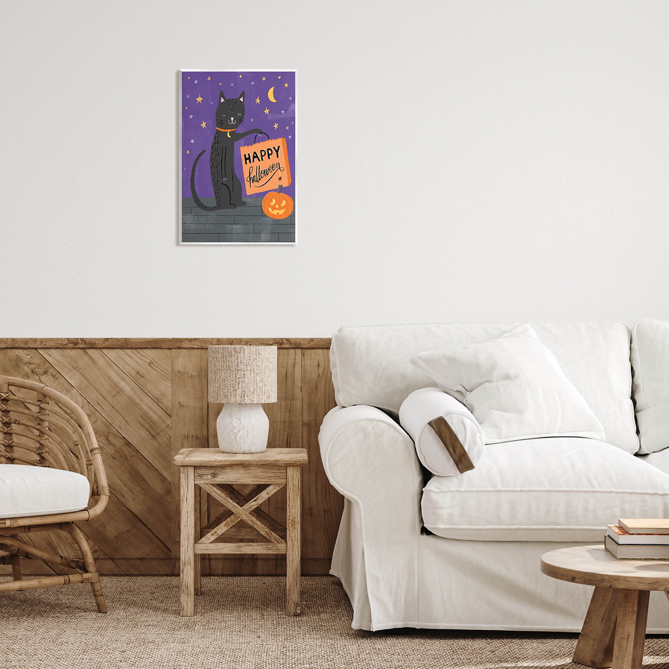 Stupell Industries Happy Halloween Black Cat Graphic Art Unframed Art Print Wall Art, Design by Amanda McGee