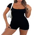 thumbnail image 3 of Women‘s Sexy Ribbed Bodycon Short Jumpsuit Short Sleeve Square Neck Solid Color Buttons Overalls Playsuit One Piece Rompers, 3 of 8