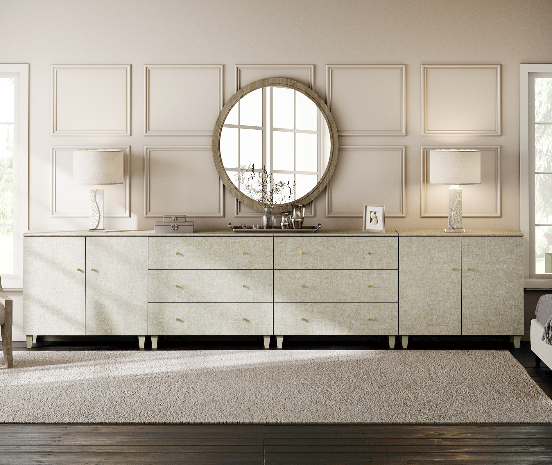 WAMPAT Wood Dresser with 6 Drawers and 2 Cabinets for Bedroom, Modern Chest of Drawer, 142" Wide, Beige Linen Printed Finish