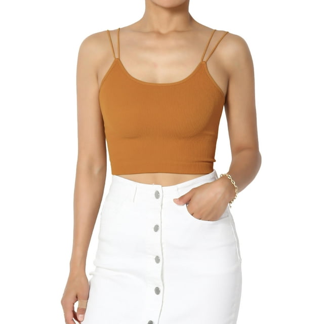 TheMogan Women's Solid Spaghetti Straps Ribbed Seamless Stretch Crop Cami Tank Top