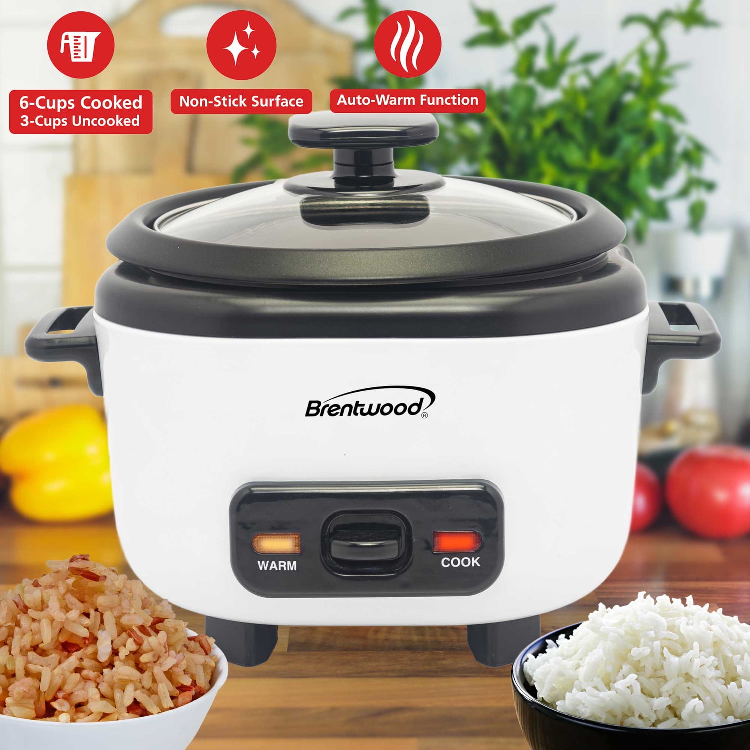 Brentwood 3-Cups Uncooked/6-Cups Cooked Electric Rice Cooker with Measuring Cup and Spatula, White, RC-5006W