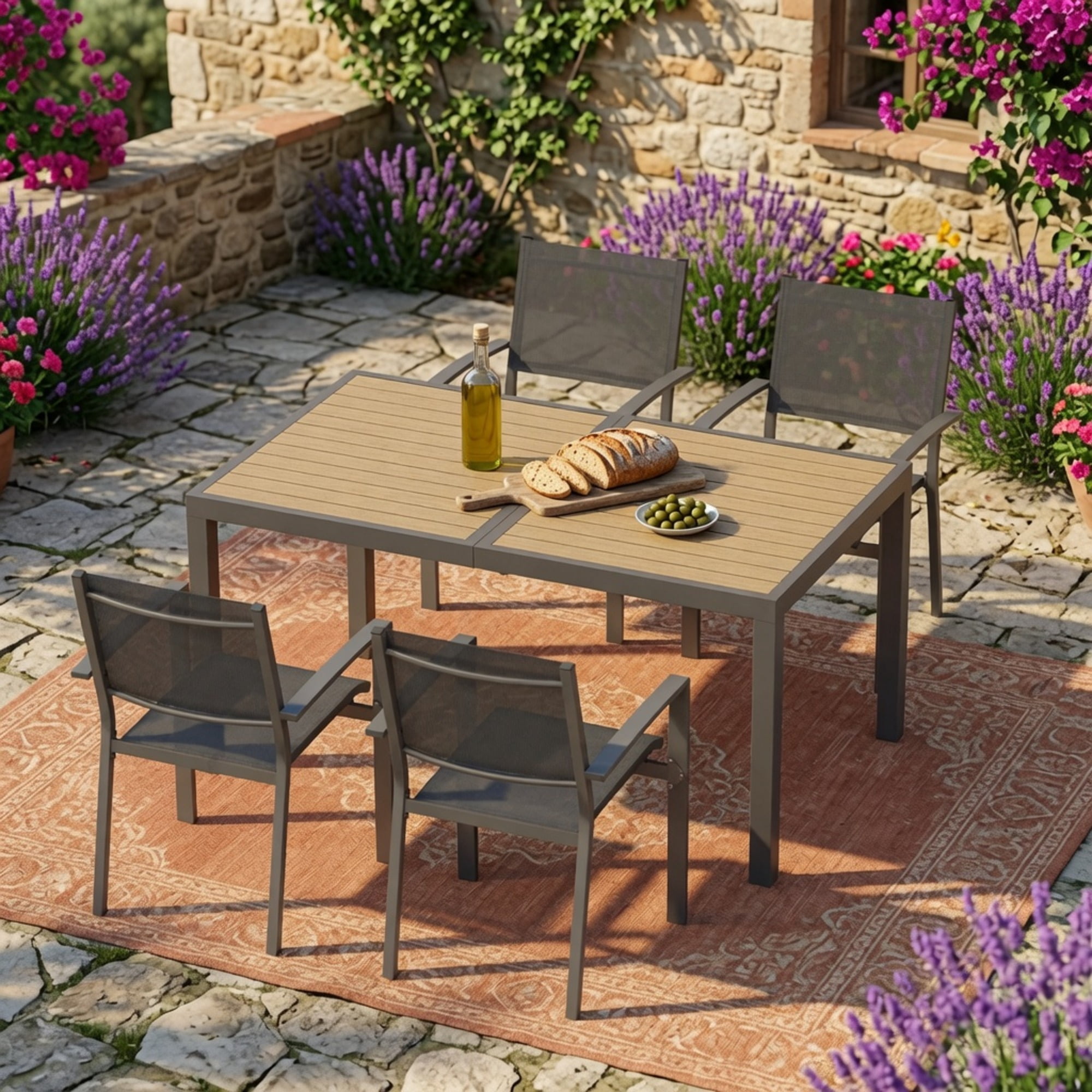 Outdoor Patio Dining Table 59x35x28.7 Inch Grey HDPS Tabletop Aluminum Frame All-Weather for Garden Deck