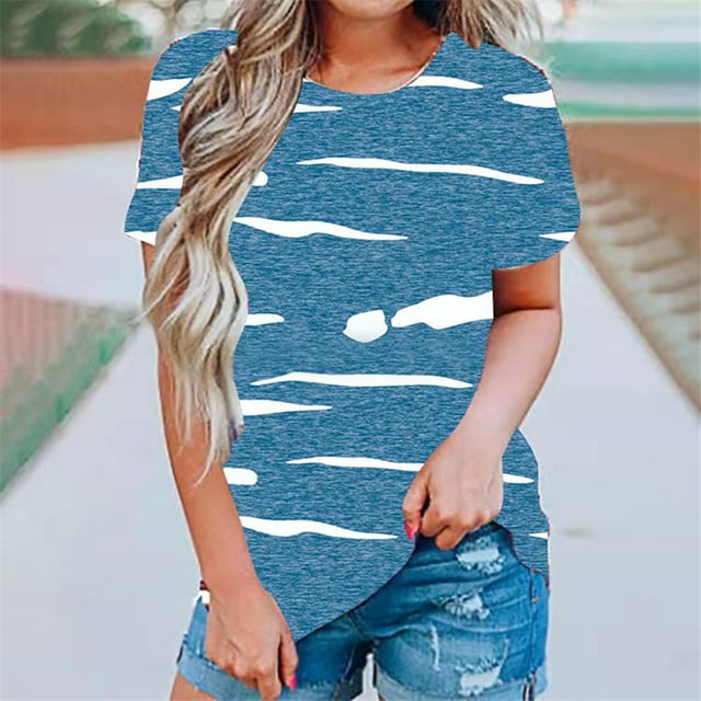 CHGBMOK Grande Taille Blouses for Women Mode Women Spring et Summer Manches Courtes Imprimé Col Rond Tops Summer Plage Tops sur l'Autorisation