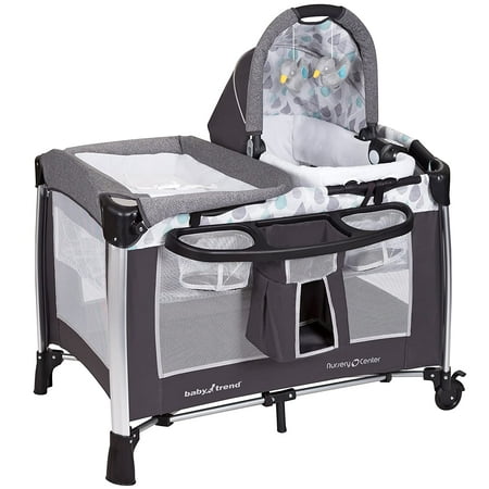 UPC: 0090014019761 | Baby Trend Go-Lite ELX Nursery Center Playard with Bassinet and Travel Bag – Drip Drop Blue – Blue Unisex