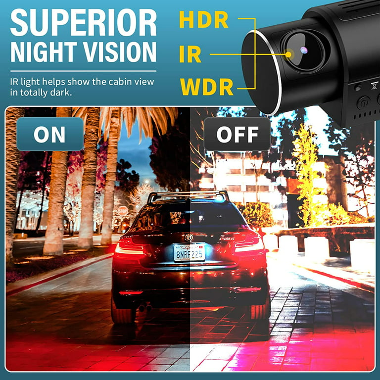 iiwey T1-pro Dash Cam delantera y trasera interior de 3 canales 1080P,  lente ajustable para coche con 8 lámparas IR visión nocturna, triple cámara  de