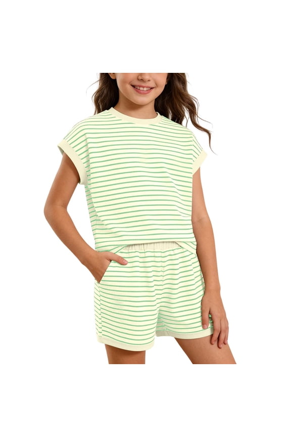 Girls' Striped Clothes Set Short Sleeve Tee Shorts Set 2 Piece Pocket Outfit