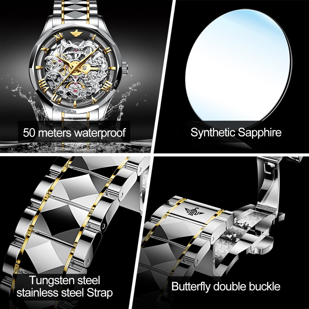 OUPINKE Gold Watches for Mens Automatic Mechanical Skeleton Watch Self Winding Luxury Dress Fashion Tungsten Steel Mens Watch Waterproof Reloj Dorado Para Hombre, Gift for Men