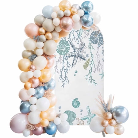 Ocean Coastal Arch Backdrop Cover 7.2Ft, Wedding Arch Covers Stretchy Backdrop, Nautical Starfish Conch Seashells Coral Fitted 2 Sided Arched Photo Background for Birthday Party Decorations