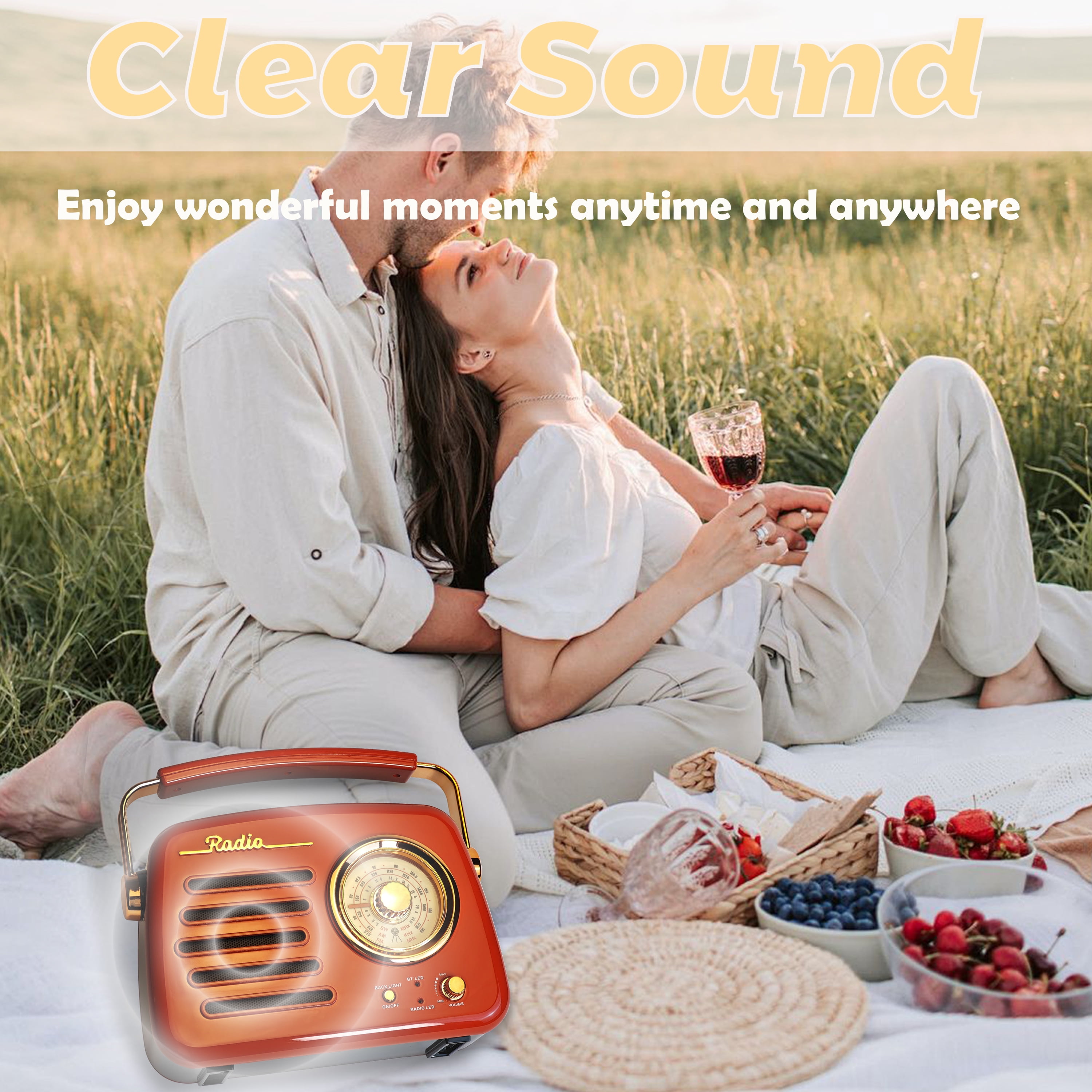 Retro Backlit AM FM Shortwave Radio, Great Receiver Bluetooth Speaker Battery or Plug in Wall, Support USB Drive/TF Card, Good Sound for Family or Friend for Home/Outdoor(Red)