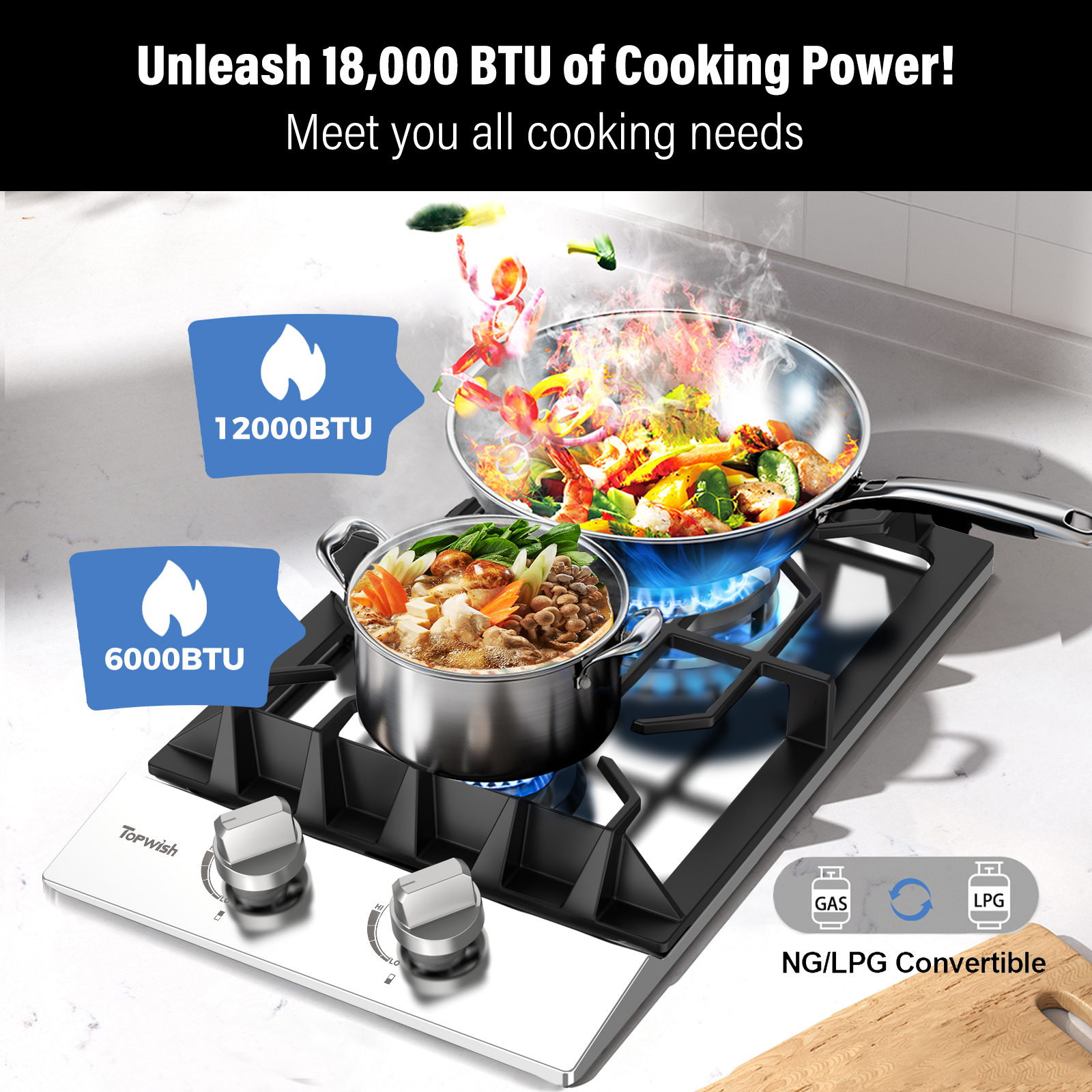 TOPWISH 12" Built-In Gas Cooktop, 2 Burners, 18,000 BTU, NG/LP Convertible, 304 Stainless Steel, Thermocouple Protection