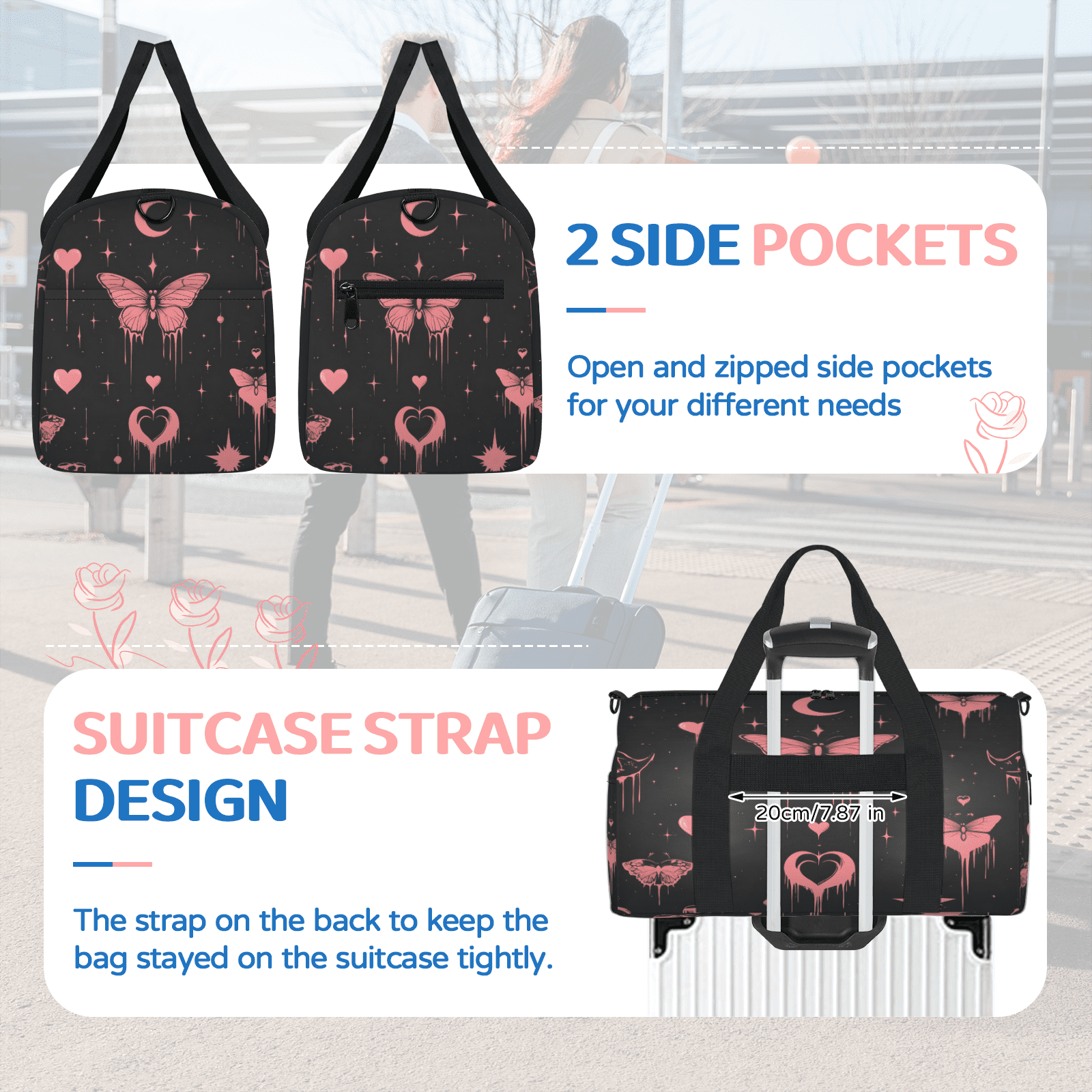 Herdesigns Pink Butterfly Gym Bag for Women, Duffle Bag for Travel Sport, Moon Love Lightweight Waterproof Carry on Weekender Dance Yoga Workout Bags