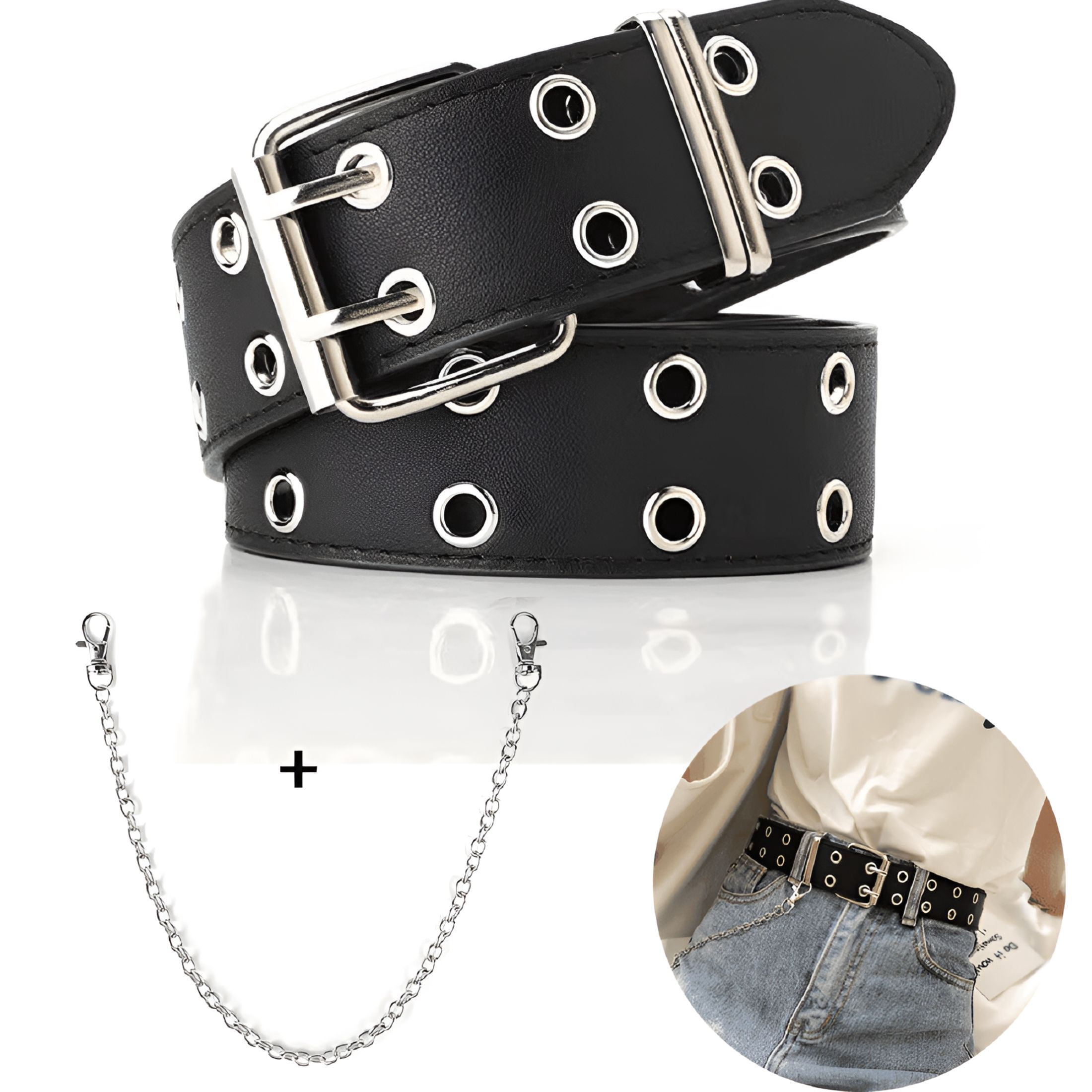 Grommet Leather Belt with Detachable Chain Women Men Punk 