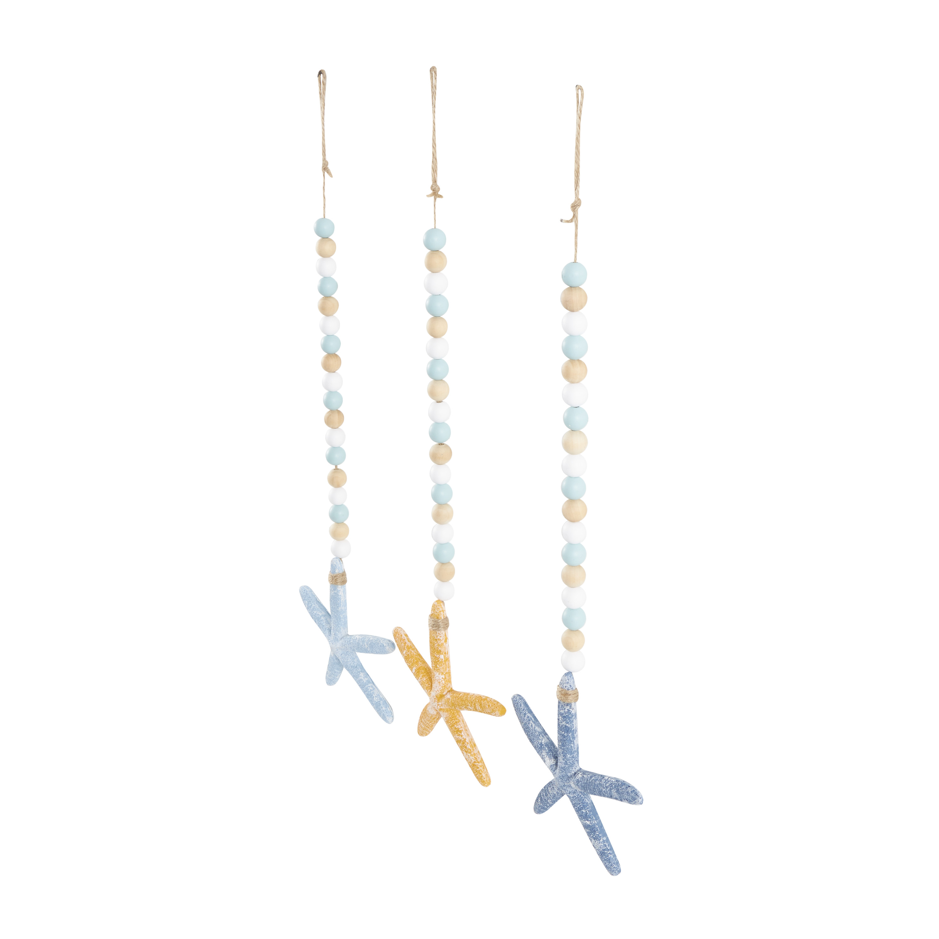 DecMode Blue Wood Handmade Textured Starfish Wall Decor with Long Beaded Hanging Rope (3 Count)