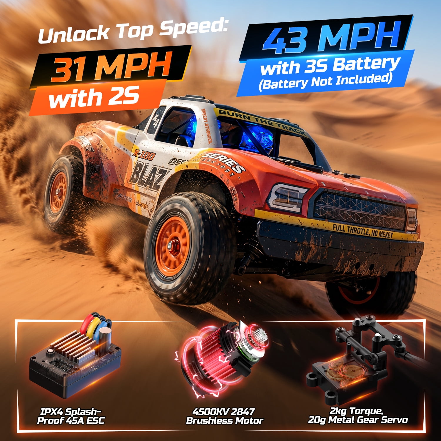 DEERC 1/14 Fast Brushless RC Car for Adults, Max 46+ mph Off-Road Truck, 4WD Waterproof RC, High Speed Remote Control Car, 2 * 3S Lipo, All Terrain RC Truggy for Snow, Sand & Mud