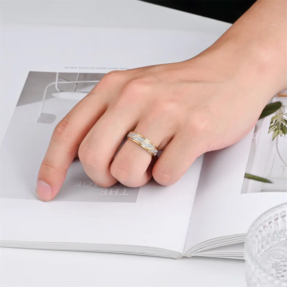 Anxiety Fidget Spinner Rings for Men Women Wave Pattern 14K Yellow Gold Spinning Rotatable Ring Punk Rock Anti Stress Jewelry