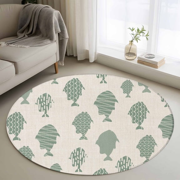 Abstract Art Fish Green Round Area Rug 3.3Ft Washable Circle Rugs for Dining Room Table, Coastal Ocean Summer Marine Life Non-Slip Carpet Floor Mats Indoor Outdoor Carpet Runner Aesthetic Home Decor
