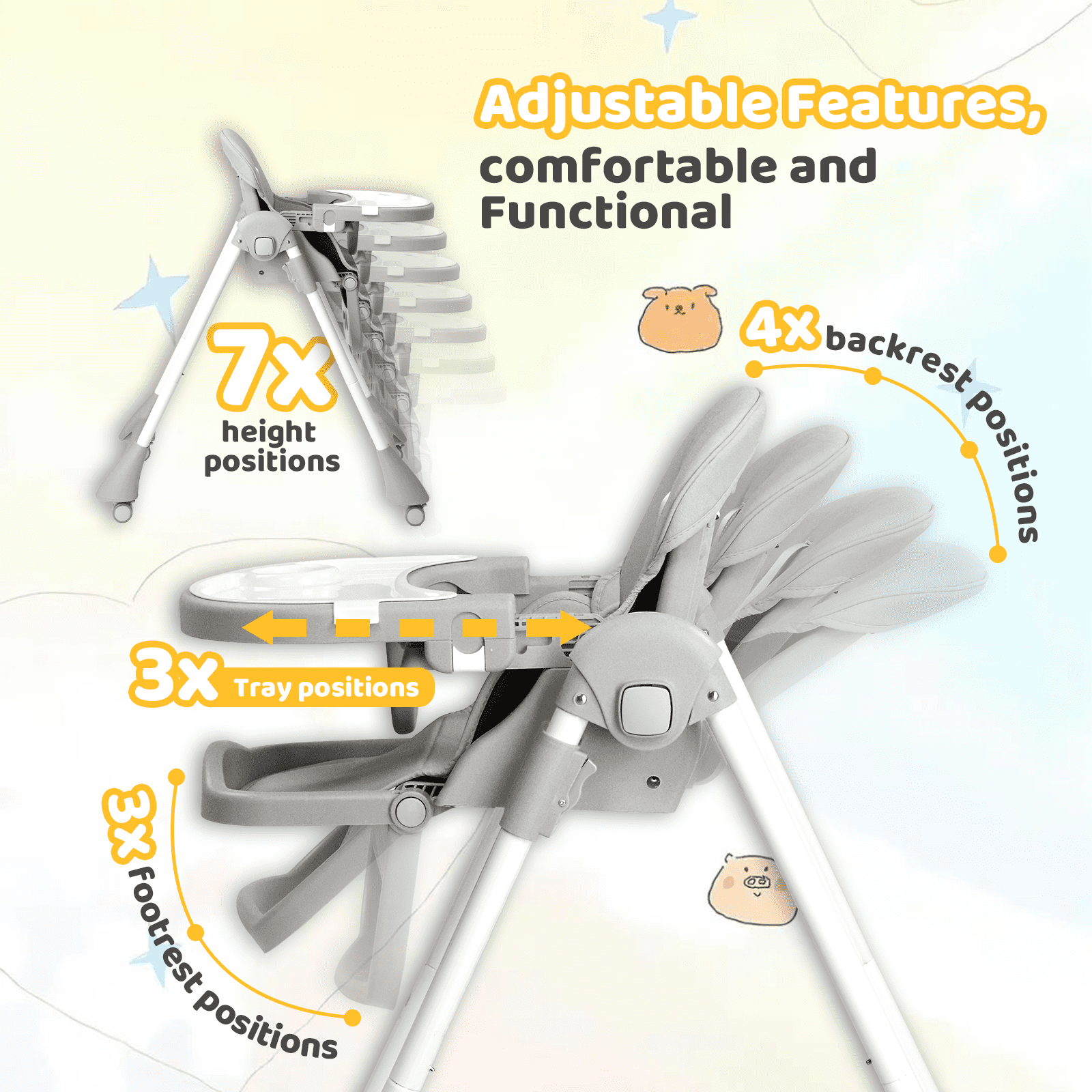 PEXMOR 4 in 1 Portable Baby High Chair, Convertible Foldable Highchair, Adjustable Height & Recline Positions, Gray