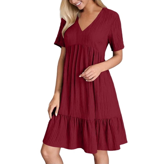 Razzly Stylish Women's Casual Dress Solid V Neck Short Sleeve Button Midi Dress 2025 for Beach and Daily Events(Red,2XL)
