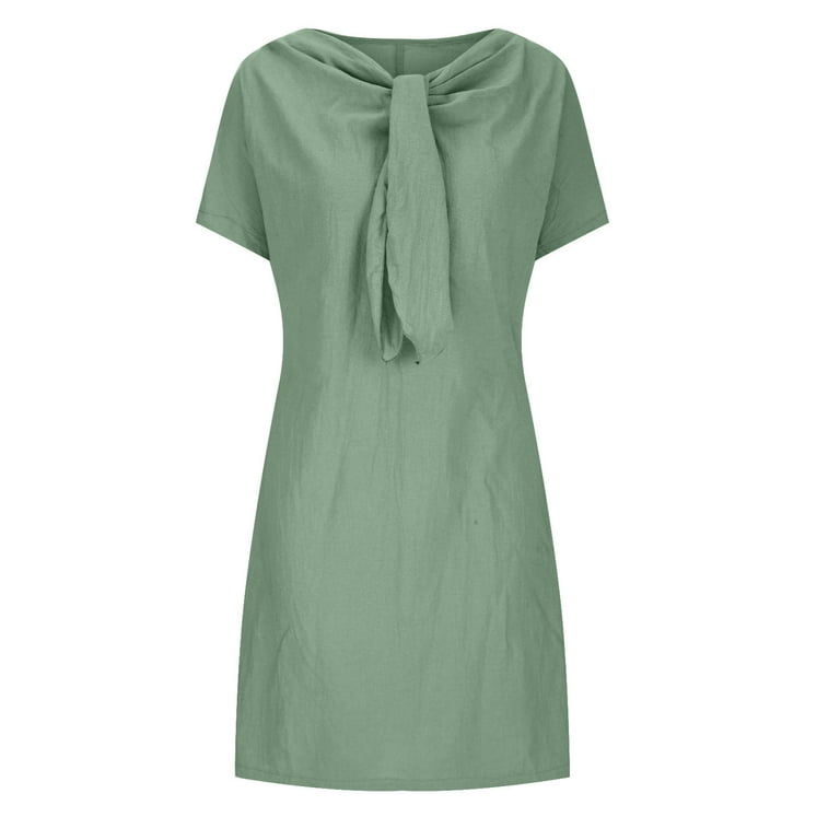 Meichang Work Dresses for Women Summer Elegant Crew Neck Tie Linen Dresses  Solid Short Sleeve Loose Fit Knee Length Dresses Casual Lightweight Summer Midi  Dresses Green S - Walmart.com