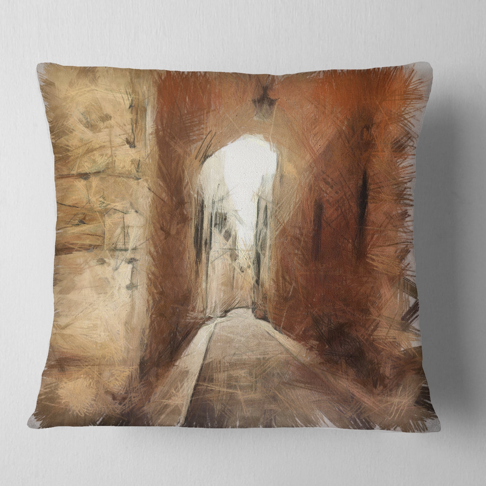 Designart Brown Old City Street Drawing - Landscape Printed Throw Pillow - 18x18