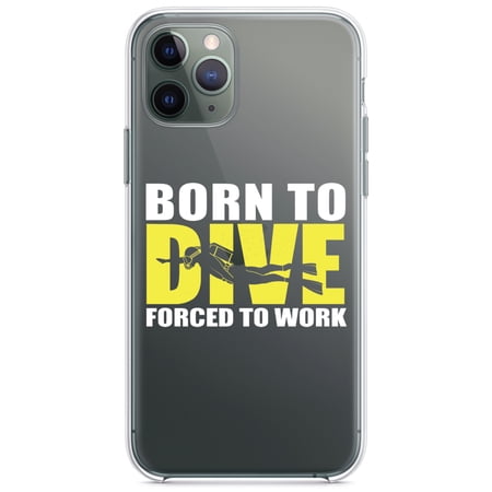 DistinctInk Clear Shockproof Hybrid Case for iPhone 11 (6.1 Screen) - TPU Bumper Acrylic Back Tempered Glass Screen Protector - Born to Dive Forced to Work