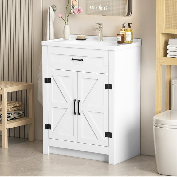 Teousev 23.6" Farmhouse Bathroom Vanity Sink Combo, Free-Standing Storage Cabinet with Double Doors & Shelves, White