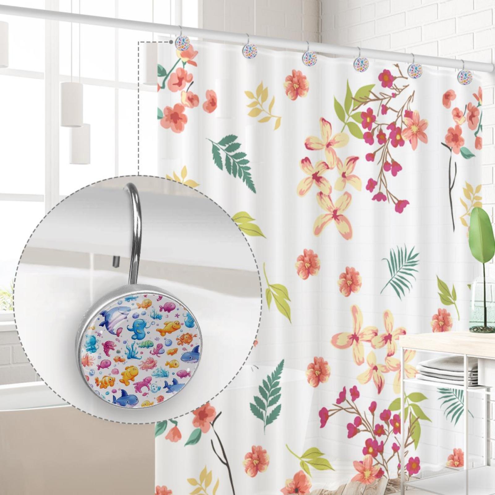 Cartoon Sharks Fishes Shower Curtain Hooks Round Crystal Glass, Set of 12 Shower Curtain Rings - Shower Hooks for Curtain Shower Rings