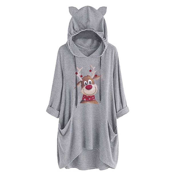 Mujeres moda Chirstmas estampado con capucha suelta manga larga bolsillos sudadera blusa superior Fridja FKASFK5310