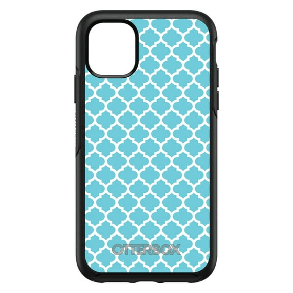 DistinctInk OtterBox Symmetry Custom Case for Apple iPhone 15 (6.1" Screen) - Light Blue White Moroccan Lattice - Tempered Glass Back