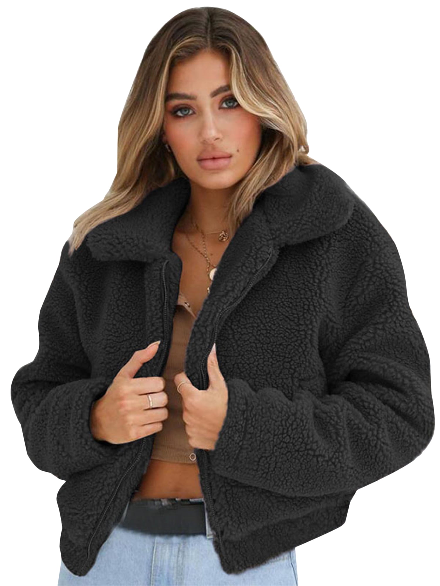 Women's Faux Fur Winter Coat Zip Up Fleece Lapel Collar Long Sleeve Outwear