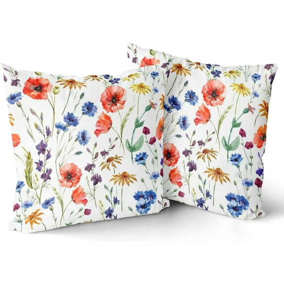 Flowers Throw Pillow Covers Set of 2 Super Soft Couch Pillow Covers Cotton Red Poppy Cushion Cases for Sofa Bed Living Room Home Decor, 18 x 18 inch, Watercolor Floral
