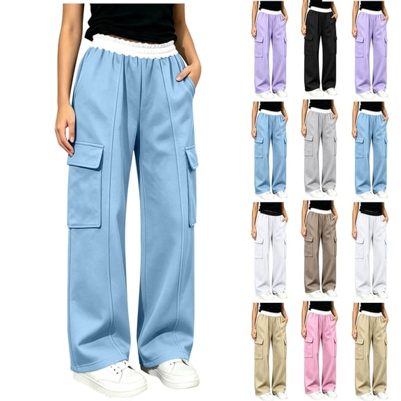 Fjofpr girls pants boys clothes Kids Contrast Elastic Waist Cargo Pants Multi Pocket Loose Wide Leg Casual Sweat Trousers