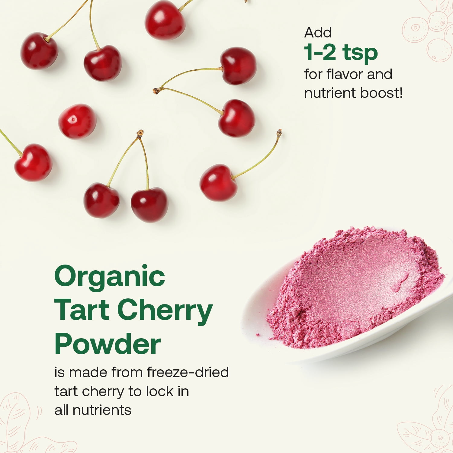 Quay Naturals Organic Tart Cherry Powder, 4oz | Made from US-Sourced Cherries | USDA Organic, Non-GMO, Freeze-Dried, No Additives | Great for Smoothies & Baking