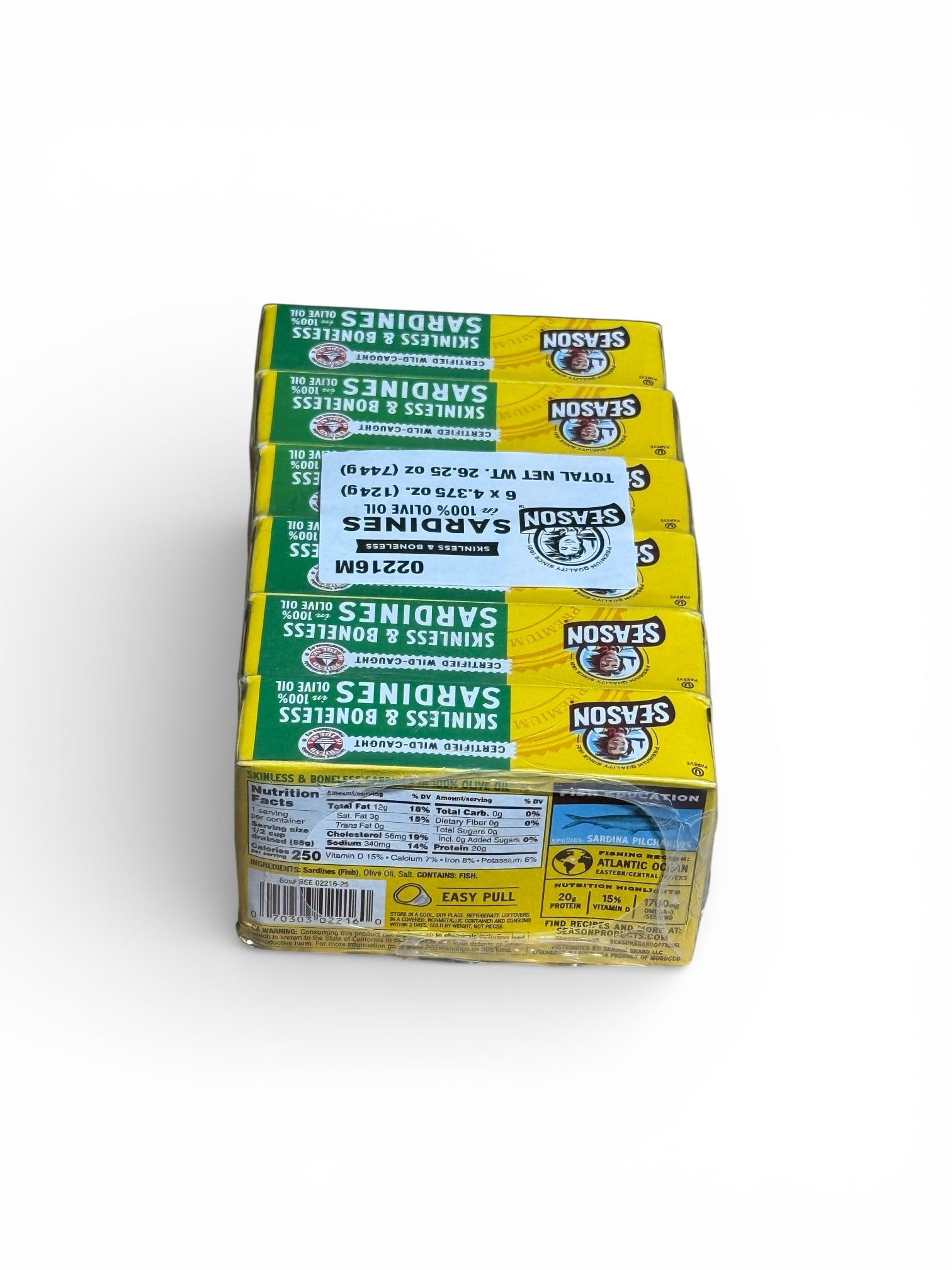 Season Skinless & Boneless Sardines in 100% Olive Oil, Wild-Caught, 6-Pack, 4.375 oz Cans, 26.25 oz Total
