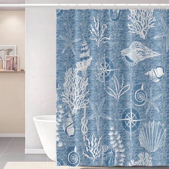 Nautical Shower Curtain 72x72inches, Marine Compass Blue Shower Curtains for Bathroom Sea Animals Coral Sea Snail Waterproof Fabric Shower Curtain Set with Hooks