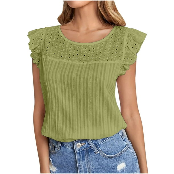 Camiseta sin mangas con volantes y costuras huecas informales de Color sólido con cuello redondo de verano para mujer Pompotops hfajkhk136916