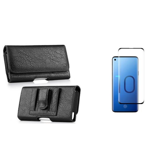 Luxmo PU Leather Wallet (Card Slot/Coin Holder) Holster Carry Case (Black) for Samsung Galaxy S10  Plus with Tempered Glass Screen Protector and Atom Cloth