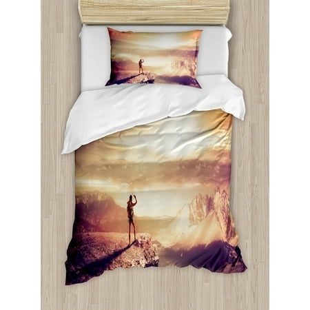 Photo Print Bedding Adventure Twin Size Duvet Cover Set, Traveler Woman with Backpack on Mountain Surveying Sunset Adventure Photo Print, Decorative 2 Piece Bedding Set with 1 Pillow Sham, Multicolor, by Ambesonne ()