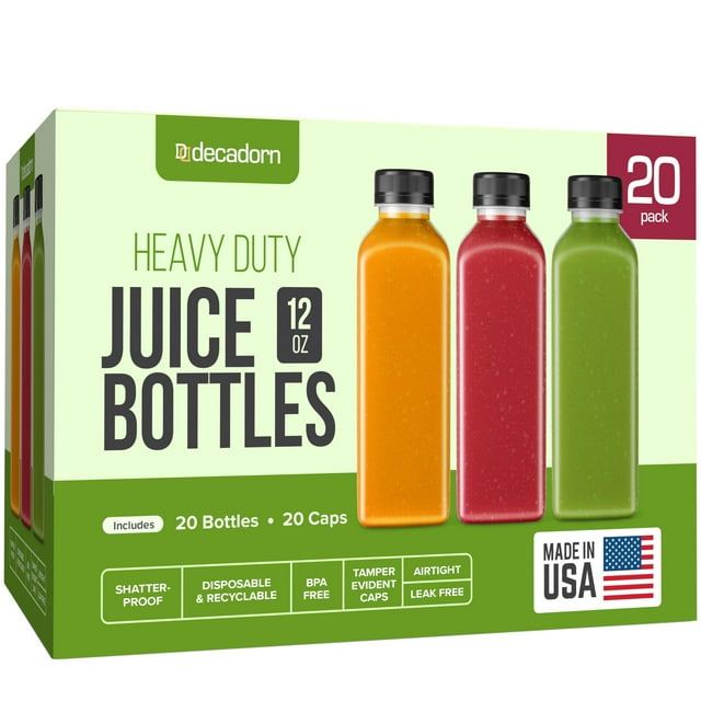 Botellas de jugo DECADORN de 355 ml, 20 unidades con tapas para nevera sin BPA