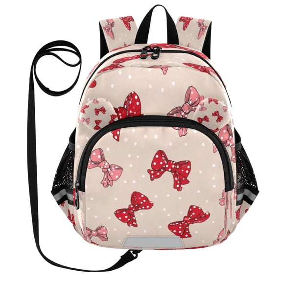 Kid's Toddler Backpack with Safety Leash Lightweight Bookbag with Reflective Strips Cute Red Bows Pattern Small