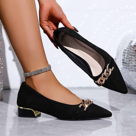 Avrnliq Womens Pointed Toe Low Block Heel Pumps Black Faux Suede Gold Chain Accent Metallic Heel Slip On Comfort Dress Shoes for Office Business Casual,Size 39