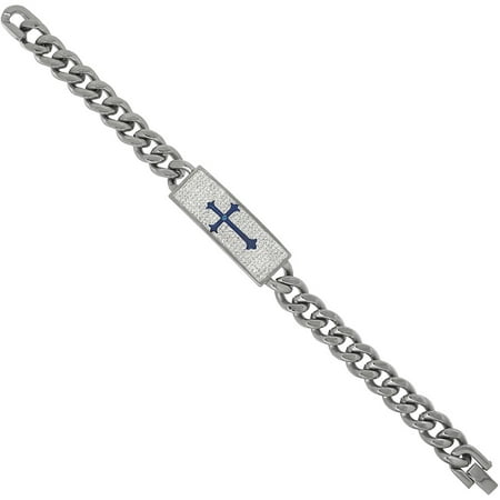 Men's Stainless Steel ID Curb Link Bracelet with Center Blue Cross and Crystal, 8.5