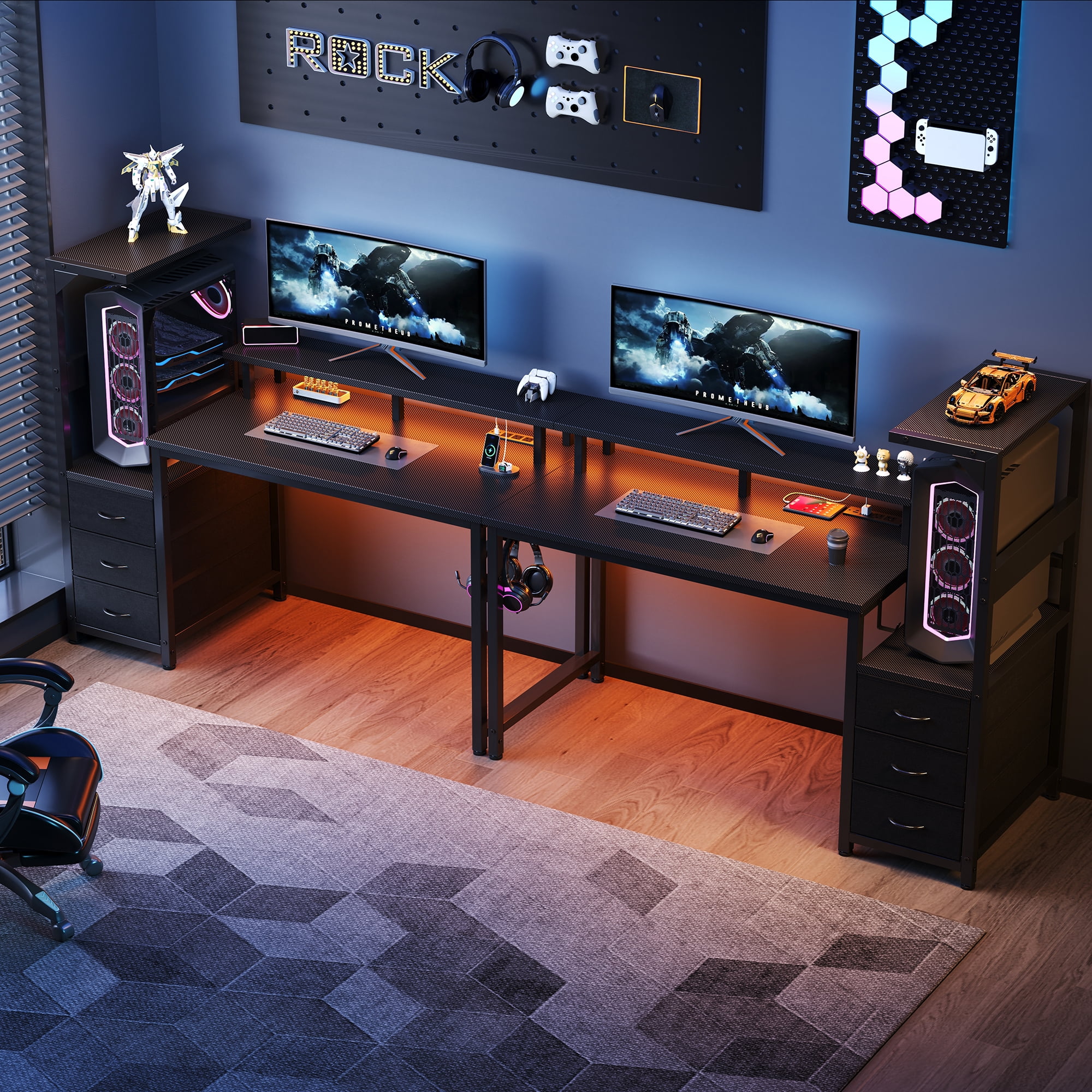 CONCETTTA Gaming Desk, 52 Inches, With Shelf Storage Drawers, Black Computer Desk With Led Lights And Power Sockets, Office Wooden Desk With Pc Stand And Cable Management
