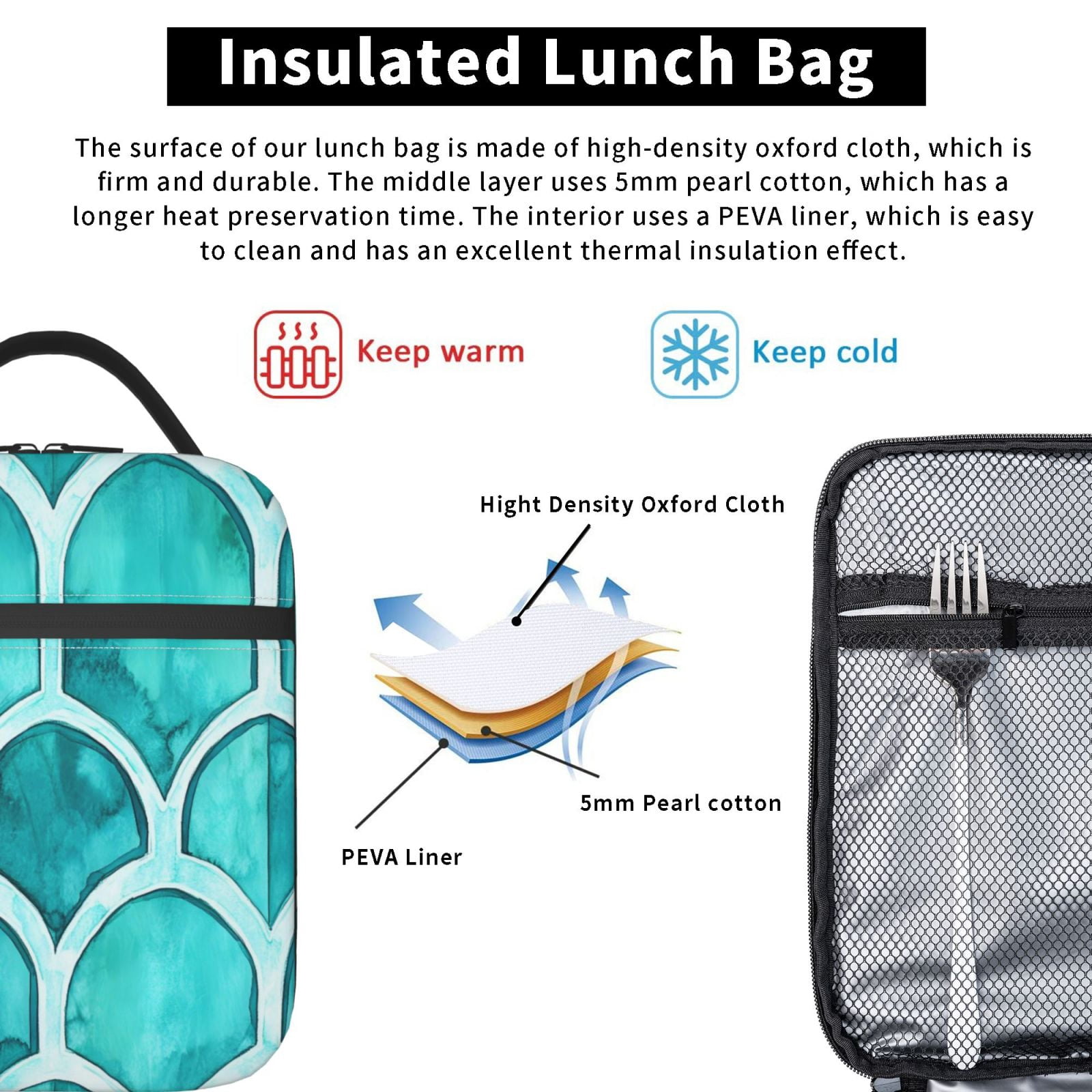 Lunch Bag For Women Men Insulated Portable Lunch Box Bento Box Office Picnic Travel Cooler Bag Turquoise Moroccan Trellis Hand-Drawn Sketch_2