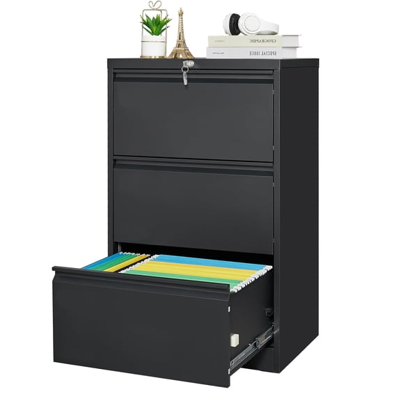 Juiluna 3 Drawer Lateral File Cabinet with Lock, Black Metal Filing Cabinet, Horizontal Locked Wide Drawer File Cabinets for Office Home, Fit A4/F4/Letter/Legal Files