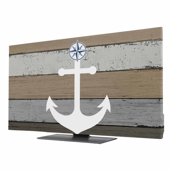 Indoor TV Cover 55 Inch, Anchor Brown Elastic Monitor Dust Covers for Television, Desktop Computer Nautical Grey Rustic Farmhouse Wood Grain Dustproof Fitted TV Cover for Inside 47.9"L x 26.9"H