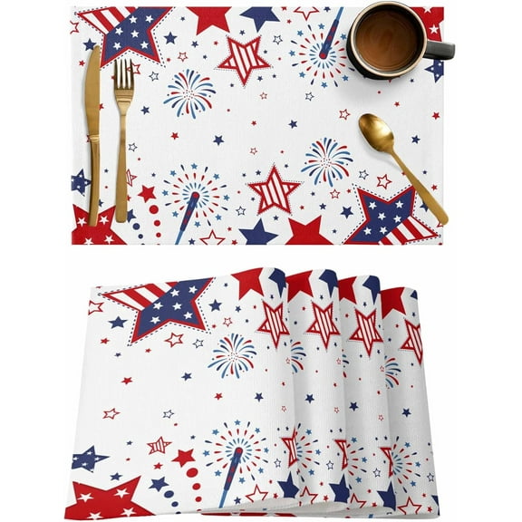 Patriotic Memorial Placemats Set of 4,Washable Woven Burlap Cloth Fabric Placemat for Square/Rectangle/Round/Oval Dining Table,Easy Clean Place Mats for Kids Stripes Stars 4th of July Red Blue