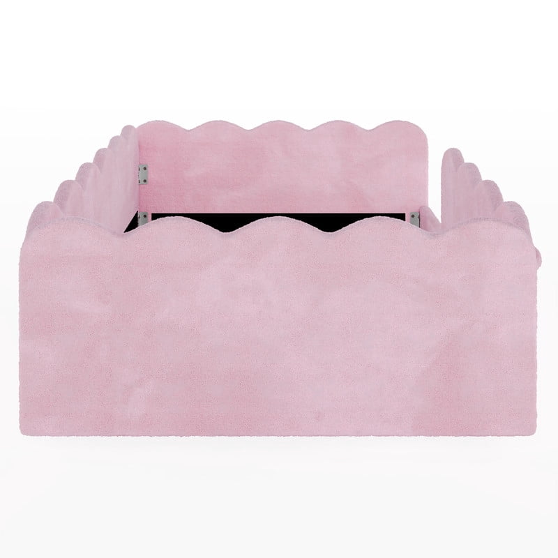 Twin Size Upholstered Floor Bed, Faux Rabbit Fur Daybed Frame with 2 Storage Pockets, Kids Bed with Wavy Design Fence